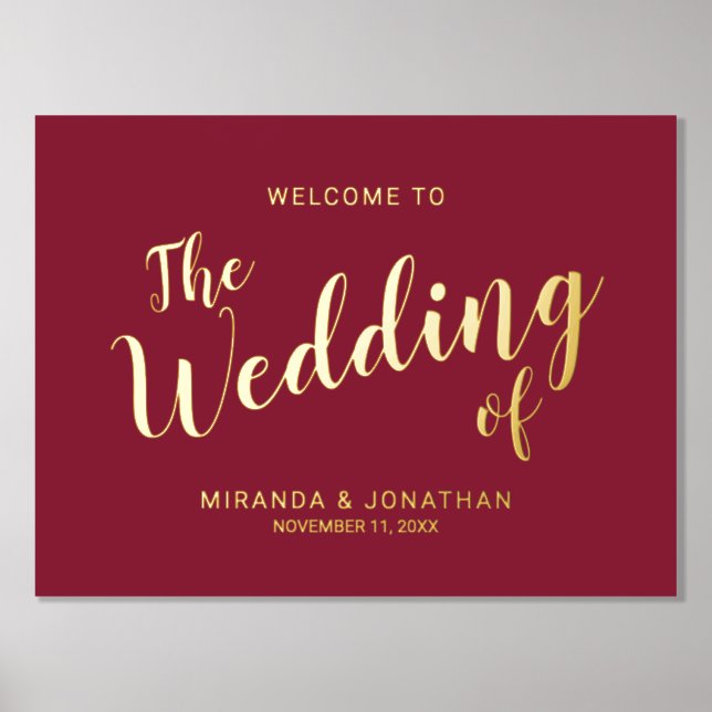 Moderne Script Wedding Willkommen Burgundy und Gol Foliendrucke (Vorderseite)
