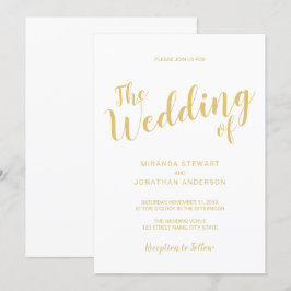 Moderne Script White and Gold Hochzeit Einladung