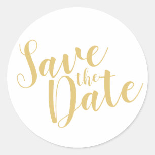 Moderne Script White und Gold Hochzeit speichern d Runder Aufkleber