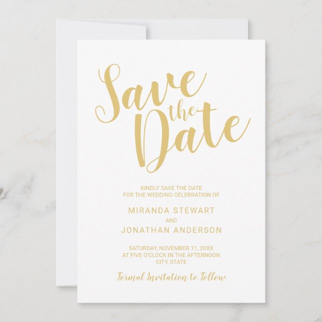 Moderne Script White und Gold Hochzeit speichern d Save The Date (Vorderseite)