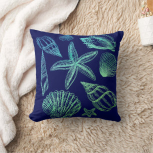 Moderne Seashell Navy Aqua White Ombre Beach Musch Kissen