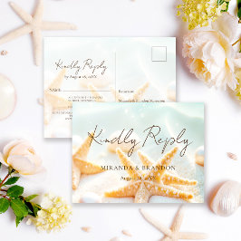Moderne Seesterns-Schalen Strandhochzeit RSVP Ankündigungspostkarte