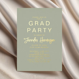 Moderne Seite Green Script Graduation Party Gold Folieneinladung