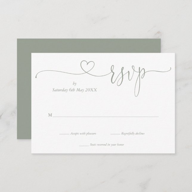 Moderne Seite Grün Elegantes Script Herz RSVP Karte (Vorne/Hinten)