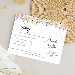 Moderne Senfgelb- und Lavendel-Blumenhochzeit RSVP Karte