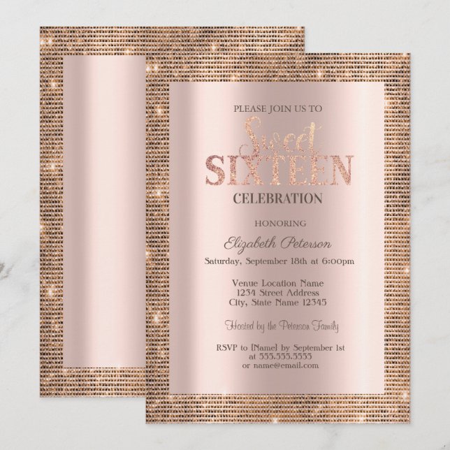 Moderne Sequins Frame Rose Gold Sweet 16 Einladung (Vorne/Hinten)