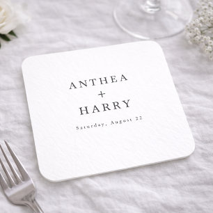 Moderne Serif Schwarz-Weiß-Hochzeitspapier-Unterla Rechteckiger Pappuntersetzer
