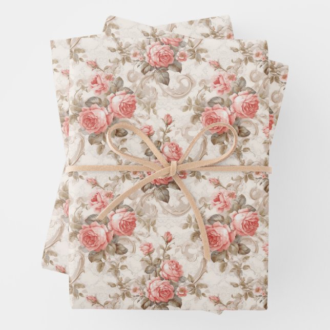 Moderne Shabby Chic Korallen und Elfenbein Französ Geschenkpapier Set (Beispiel)