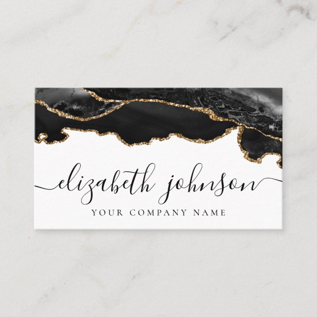 Moderne Signature Black Gold Glitzer Agate Marble  Visitenkarte (Vorderseite)