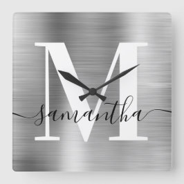 Moderne Signature Monogram Silver Foil Quadratische Wanduhr