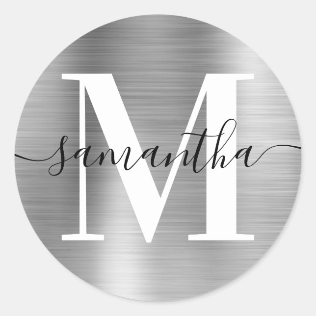 Moderne Signature Monogram Silver Foil Runder Aufkleber (Vorderseite)