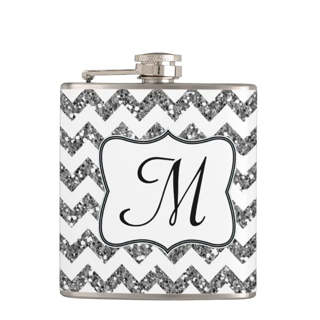 Moderne Silber Glitter Chevron Monogramm Whiskyfla Flachmann (Vorderseite)