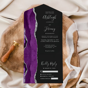 Moderne Silber-Lila-Achat-Dunkle Hochzeit All In One Einladung