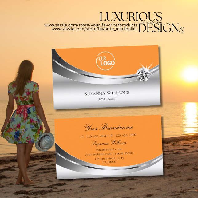 Moderne Silber-Orange mit Logo und Sparkle Diamond Visitenkarte (Von Creator hochgeladen)