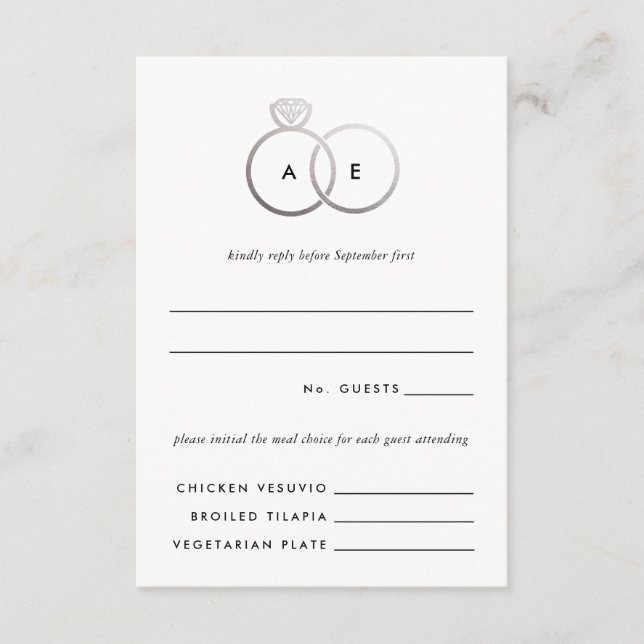 Moderne Silber Rings Wedding RSVP Replik Card Begleitkarte (Vorderseite)