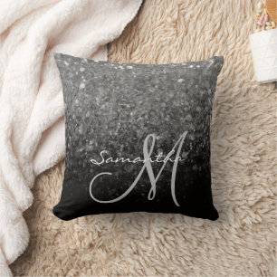 Moderne Silber- und schwarze Glitter-Ombre-Monogra Kissen