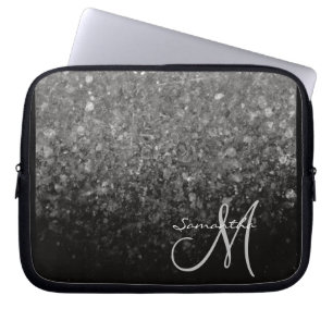 Moderne Silber- und schwarze Glitter-Ombre-Monogra Laptopschutzhülle