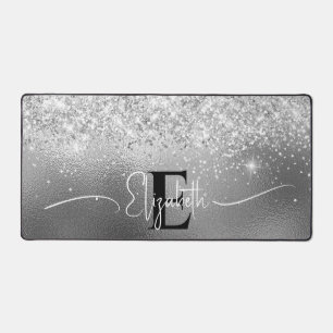 Moderne Silberfolie Metall Silber Glitter Monogram Schreibtischunterlage