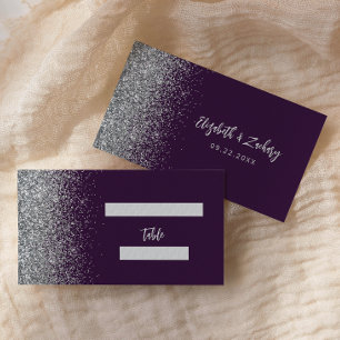 Moderne silberne Glitter-Hochzeit in Lila Platzkarte