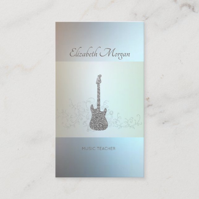 Moderne, silberne Glitzer-Gitarre, Musiklehrerin Visitenkarte (Vorderseite)
