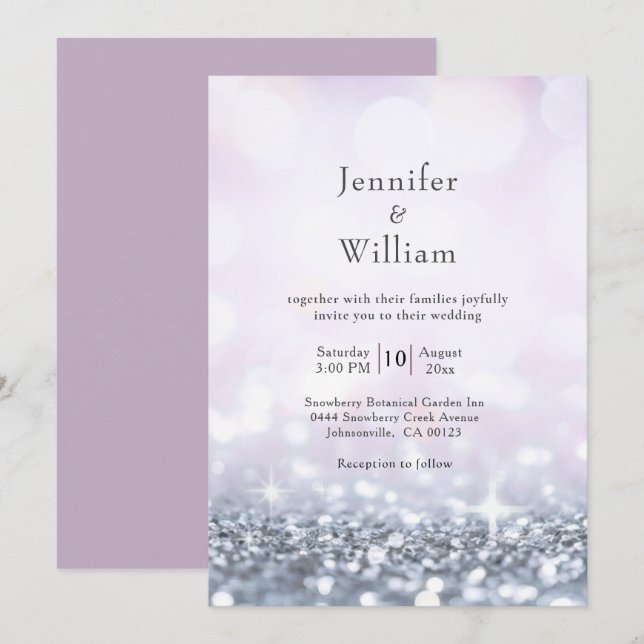 Moderne Silberne Lila Glitzer Hochzeit Einladung (Vorne/Hinten)