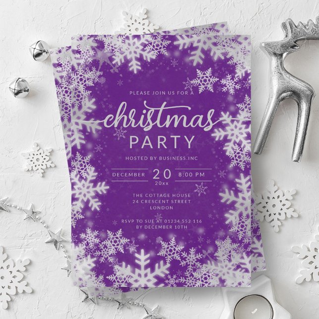 Moderne Silberne Lila Schneeflocken Weihnachten Einladung (Modern Silver Purple Snowflakes Company Christmas Invitation)