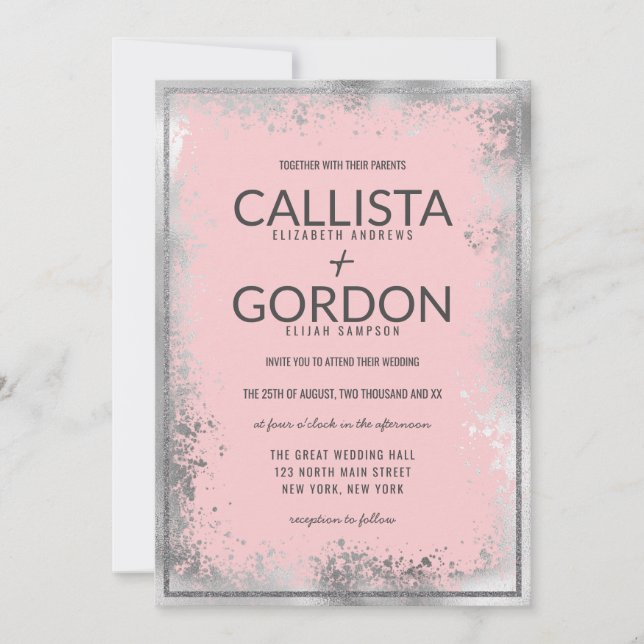 Moderne Silberrosa Spritzer Glitzer Border Wedding Einladung (Vorderseite)