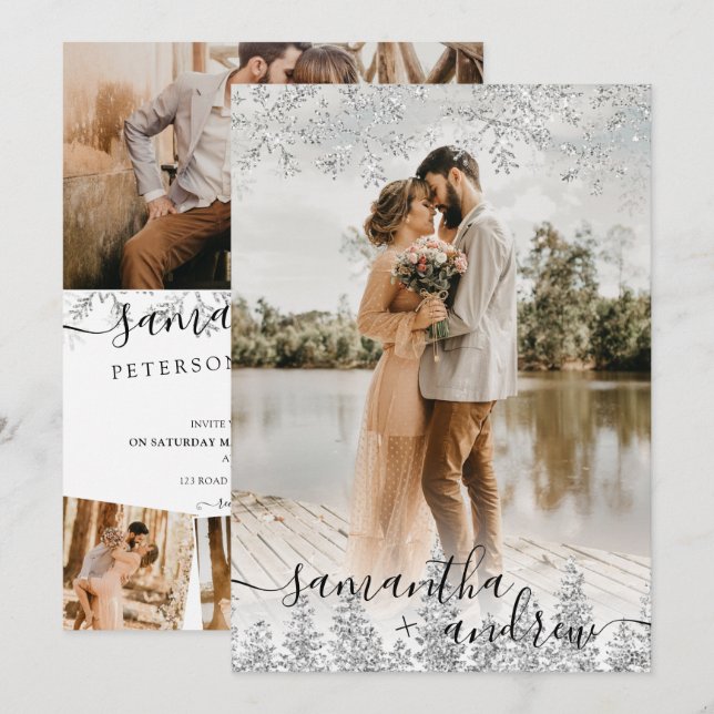 Moderne Silberschneeschrift 5 Fotos Hochzeit Einladung (Vorne/Hinten)