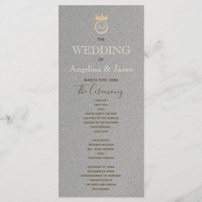 Moderne Silver and Gold Foil Royal Monogram Weddin Programm (Vorderseite)