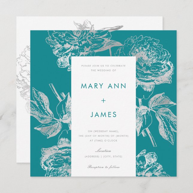 Moderne Silver Aquamarin Wedding Simple Floral Einladung (Vorne/Hinten)