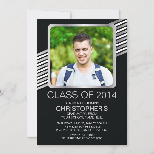 Moderne Silver Black Foto Graduation Party Einladu Einladung (Vorderseite)