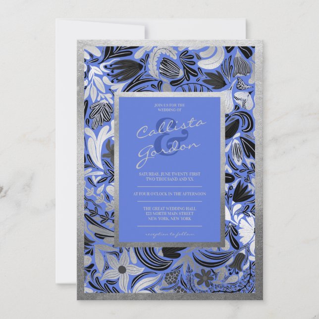 Moderne Silver Blue Black Floral Botanical Wedding Einladung (Vorderseite)