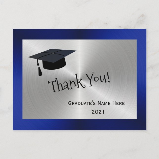 Moderne Silver Blue Cap Danke Abschluss Postkarte (Vorderseite)