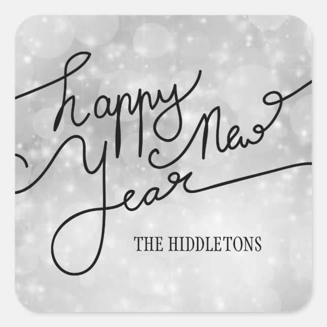 Moderne Silver Bokeh Muster glücklich Neujahrsschr Quadratischer Aufkleber (Vorderseite)