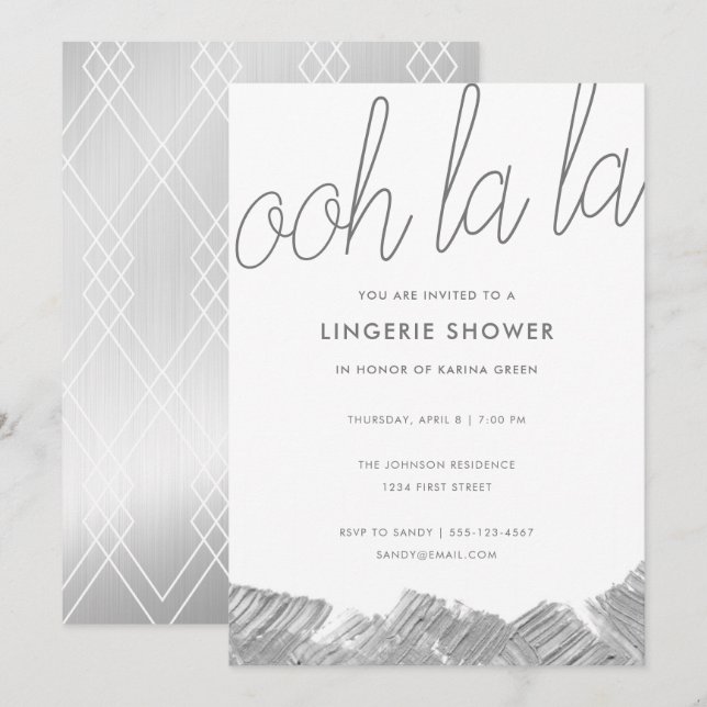 Moderne Silver Brush Stroke Lingerie Dusche einlad Einladung (Vorne/Hinten)