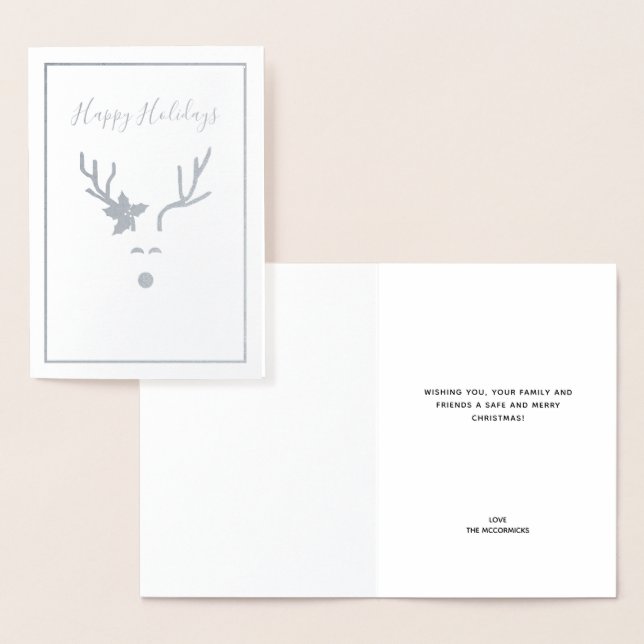 Moderne Silver Christmas Rentier Happy Holidays Folienkarte (Anzeige)
