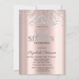 Moderne Silver Crown Confetti Rose Gold Sweet 16 Einladung