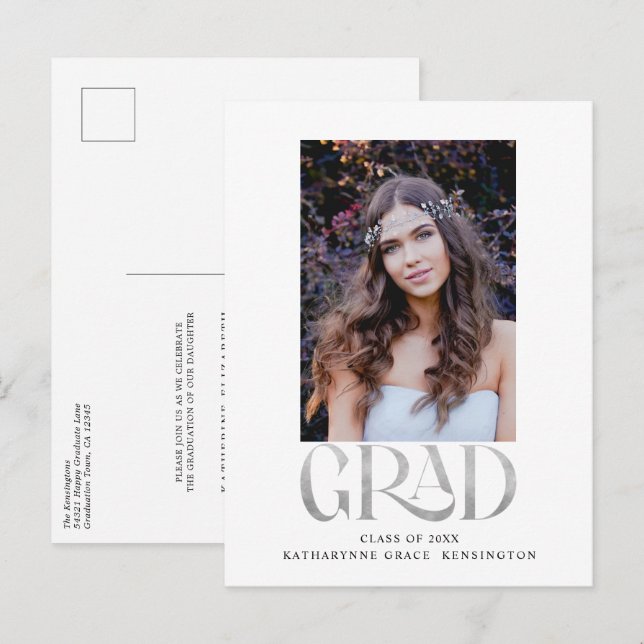 Moderne Silver Foil Foto Graduation Party Ankündigungspostkarte (Vorne/Hinten)