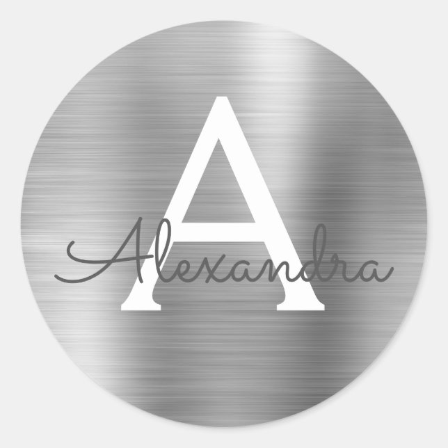 Moderne Silver Girly Metallic Monogram Runder Aufkleber (Vorderseite)