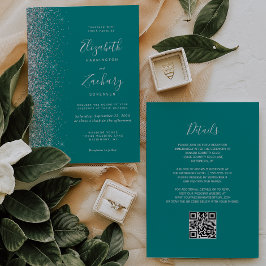 Moderne Silver Glitzer Aquamarin Blue QR Code Hoch Einladung
