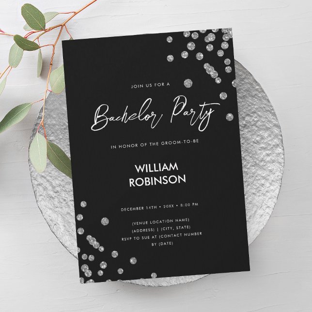 Moderne Silver Glitzer Confetti Bachelor Party Einladung (Modern Silver Glitter Confetti Bachelor Party Invitation)