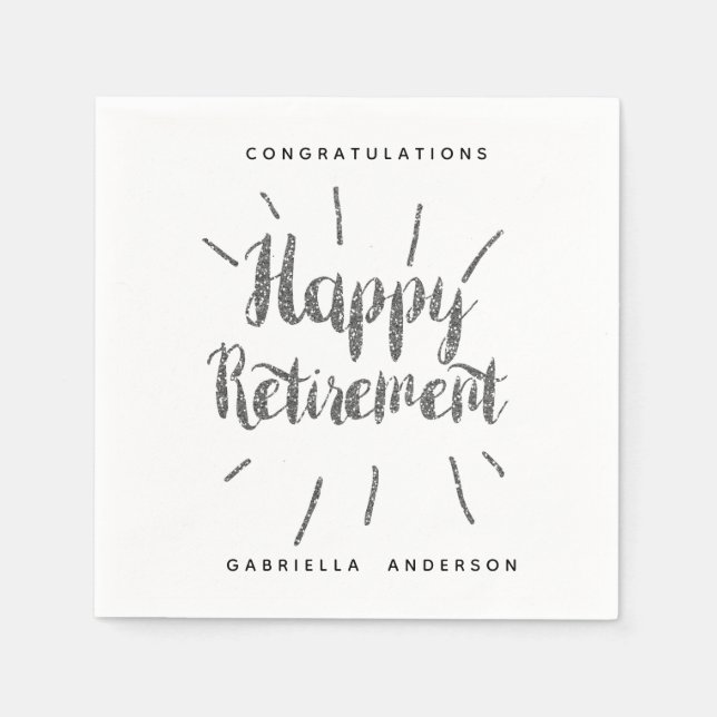 Moderne Silver Glitzer Happy Retirement Serviette (Vorderseite)