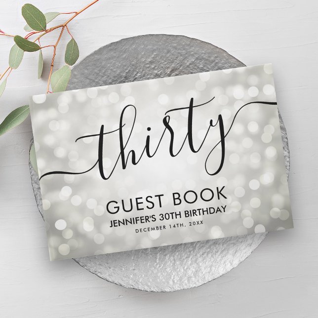 Moderne Silver Glitzer Lights 30. Geburtstag Gästebuch (Modern Silver Glitter Lights 30th Birthday Guest Book)