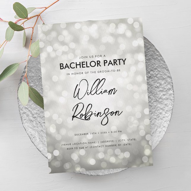 Moderne Silver Glitzer Lights Bachelor Party Einladung (Modern Silver Glitter Lights Bachelor Party Invitation)