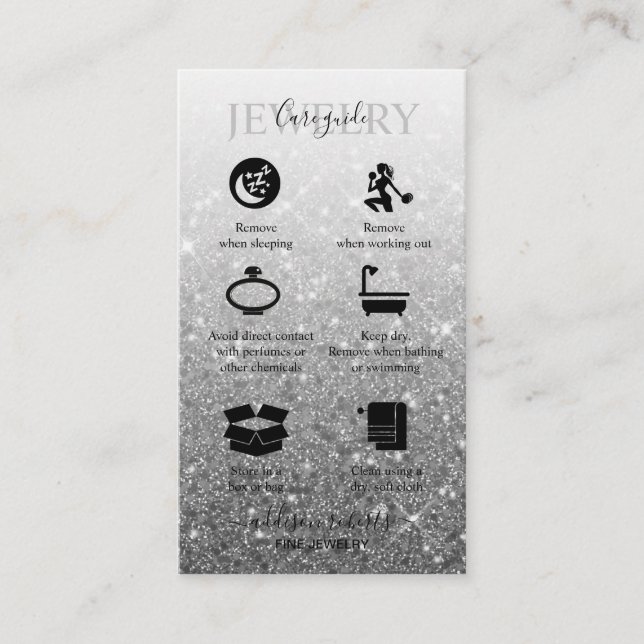 Moderne Silver Glitzer Schmuck Care Business Card Visitenkarte (Vorderseite)