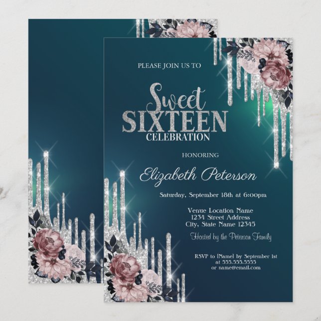 Moderne Silver Glitzer Tropfen Blume Sweet 16 Einladung (Vorne/Hinten)