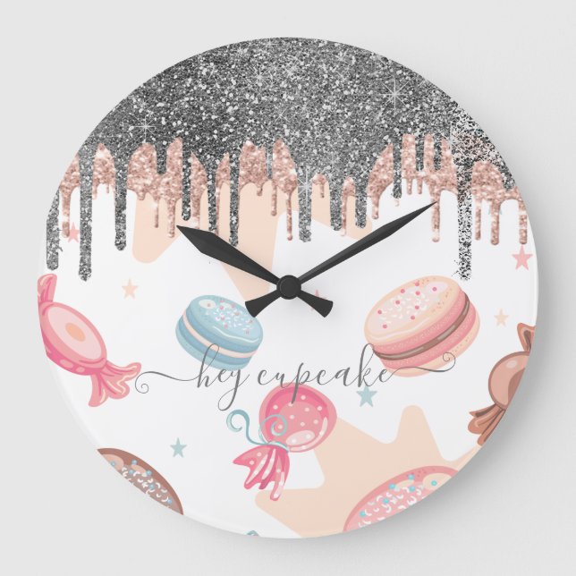 Moderne Silver Glitzer Tropfen Candy Süßigkeiten   Große Wanduhr (Vorderseite)