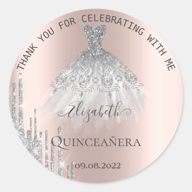 Moderne Silver Glitzer Tropfen Dress Quinceañera Runder Aufkleber (Vorderseite)