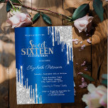 Moderne Silver Glitzer Tropfen Metallic Blue Sweet Einladung<br><div class="desc">Moderne,  schicke und glamouröse Sweet 16 mit Glitzer-Tropfen auf metallisch blauem Hintergrund.</div>