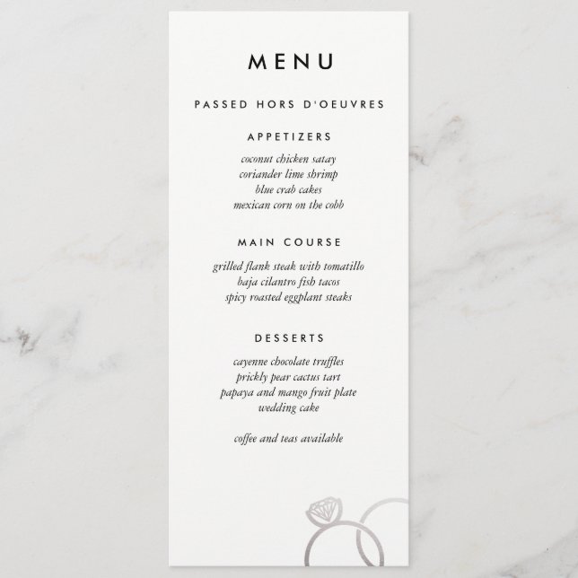Moderne Silver Rings Custom Wedding Menu Menükarte (Vorderseite)